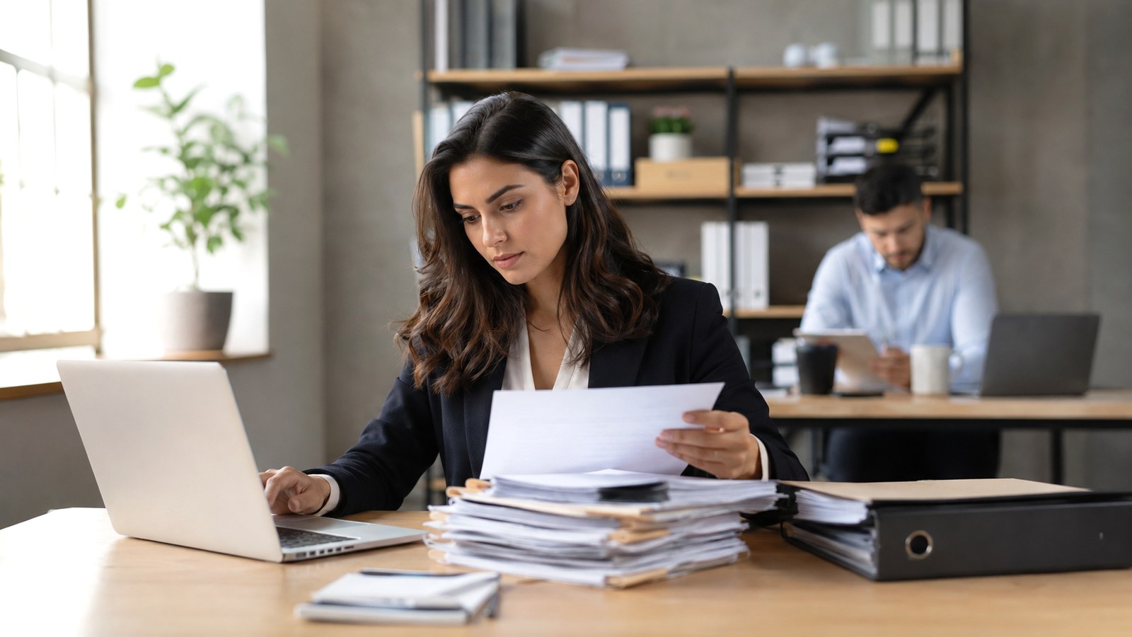 Professionnels analysant des documents dans un bureau